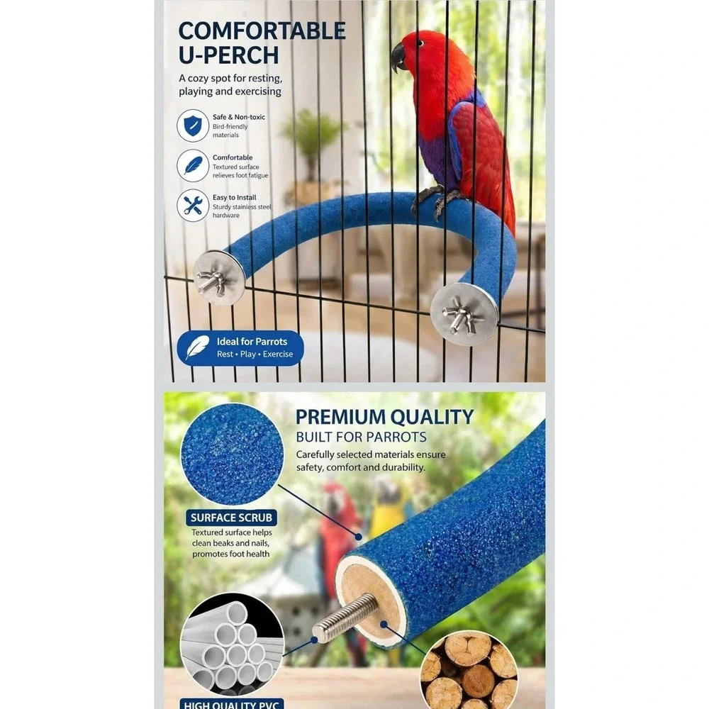 Rough-Surfaced Quartz Sand Parrot Perch for Medium to Large Birds - U Shape